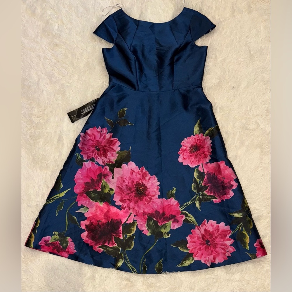 Kay Unger Ina Peony Mikado Cocktail Dress Navy Floral Midi - Picture 3 of 9